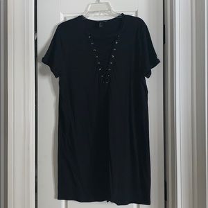 Black cotton lace up shift dress